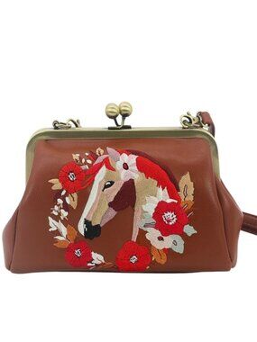 Floral Wreath Horse Kisslock Bag in Vinyl / purse   NEW!